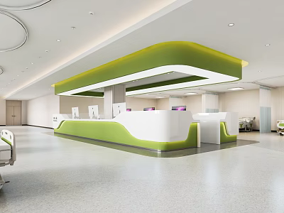Modern Hospital Outpatient Clinic Lobby With Green And White Reception Desk And Bright Spacious Interior Design 3d model