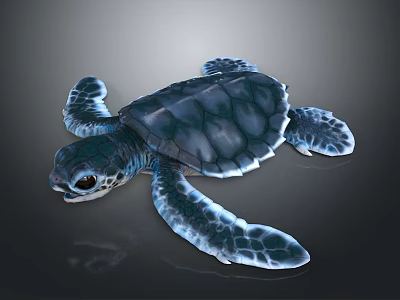 Cute Blue Green Hatchling Sea Turtle With Patterned Shell And Flippers On Dark Background 3d model