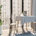 Cozy Home Table And Chairs Set With Checkered Tablecloth Laptop And Green Plant