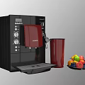 Black DeLonghi Coffee Machine With Red Cup And Fresh Fruit Platter In Kitchen