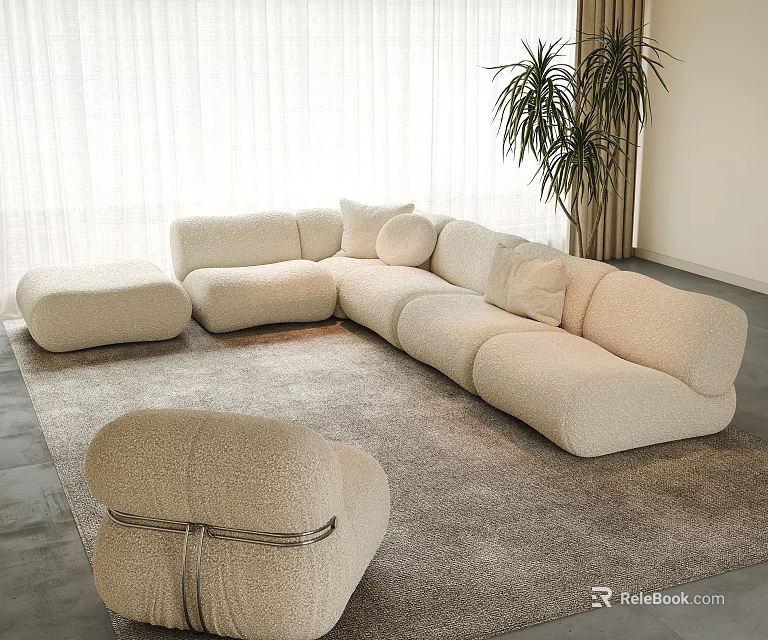 Modern Cream Sectional Sofa with Ottoman and Soft Rug in Cozy Living Room with Plants 3d model 