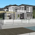Modern Detached Villa With Wooden Deck White Sofa Green Chairs And Mountain View