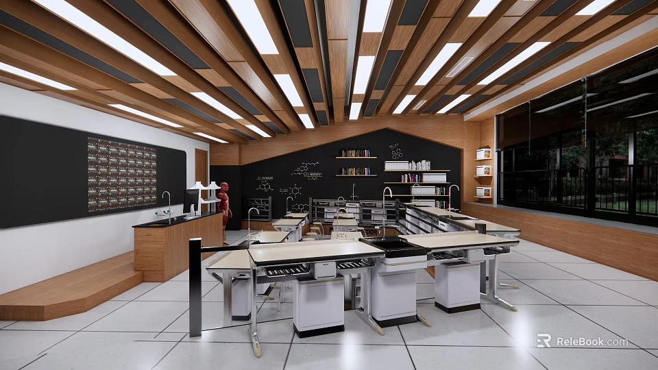 Spacious Well Lit School Science Lab With Modern Workstations And Storage Shelves 3d model 