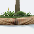 Circular Wooden Outdoor Chair Design Around Tree With Green Plants And Grass