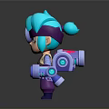 Cartoon 3D Character With Turquoise Hair Eye Lens And Purple Outfit With Mechanical Device