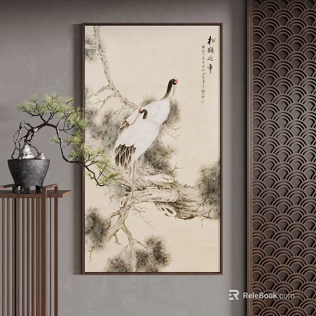 Chinese Ink Painting With Cranes Pine Tree Potted Plant And Wooden Screen Decor 3d model 
