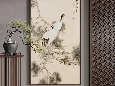 Chinese Ink Painting With Cranes Pine Tree Potted Plant And Wooden Screen Decor 3d model