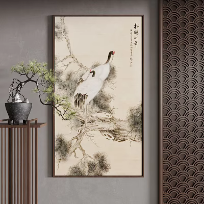 Chinese Ink Painting With Cranes Pine Tree Potted Plant And Wooden Screen Decor 3d model