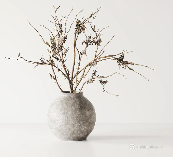 Round Gray Vase With Dried Branches And Black Berries On White Background 3d model 