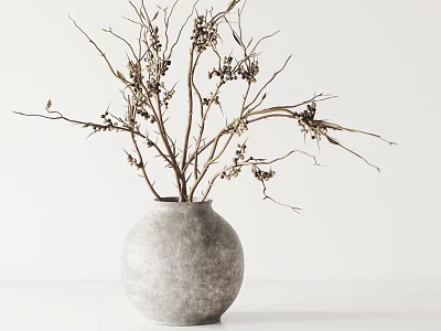 Round Gray Vase With Dried Branches And Black Berries On White Background 3d model