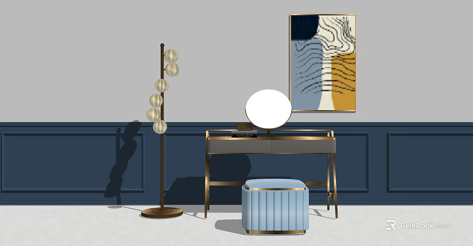 Elegant Dressing Table With Round Mirror Blue Stool Globe Floor Lamp And Navy Paneled Wall 3d model