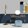 Elegant Dressing Table With Round Mirror Blue Stool Globe Floor Lamp And Navy Paneled Wall 3d model