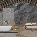 Modern Hotel Room Interior With Stone Wall Wooden Ceiling And Freestanding Bathtub
