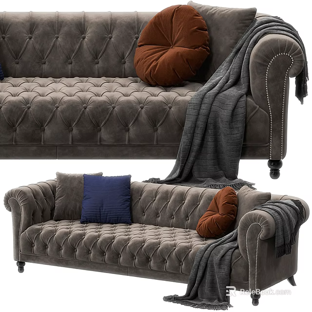 Elegant Dark Gray Tufted Sofa with Brown Blue Pillows and Gray Blanket 3d model 
