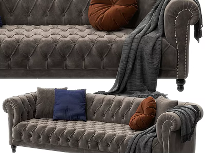 Elegant Dark Gray Tufted Sofa with Brown Blue Pillows and Gray Blanket 3d model