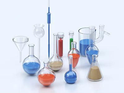 Industrial Laboratory Glass Equipment with Various Glassware Containing Colored Liquids and Powders 3d model