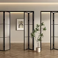 Modern Interior Featuring Black Frame Glass Folding Doors With Green Plant 3d model