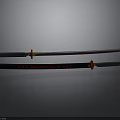 Samurai Swords Display With Unsheathed Blade Red Edge And Sheath Red Gold Decorations On Gray Background