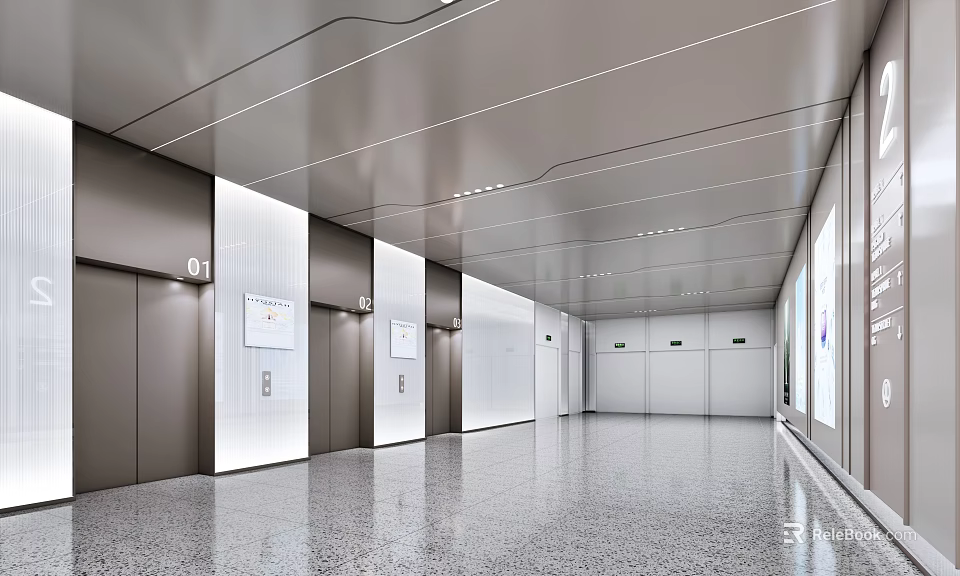 Modern Elevator Lobby Interior With Linear Ceiling Recessed Lighting Elevator Doors And Polished Floor 3d model