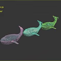 Three Blue And Teal Whales With White Spots On Gray Gradient Background 3d model