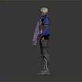 Futuristic Sci Fi Warrior In Blue White Red Outfit With Helmet And Large Tactical Rifle