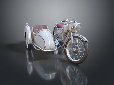 Classic Vintage Motorcycle With Silver Sidecar Leather Seat And Retro Headlight 3d model