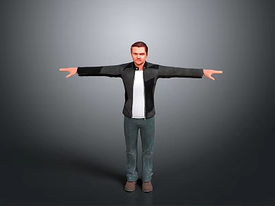 Man Standing With Arms Outstretched In Black Jacket White T-Shirt Jeans And Brown Shoes 3d model