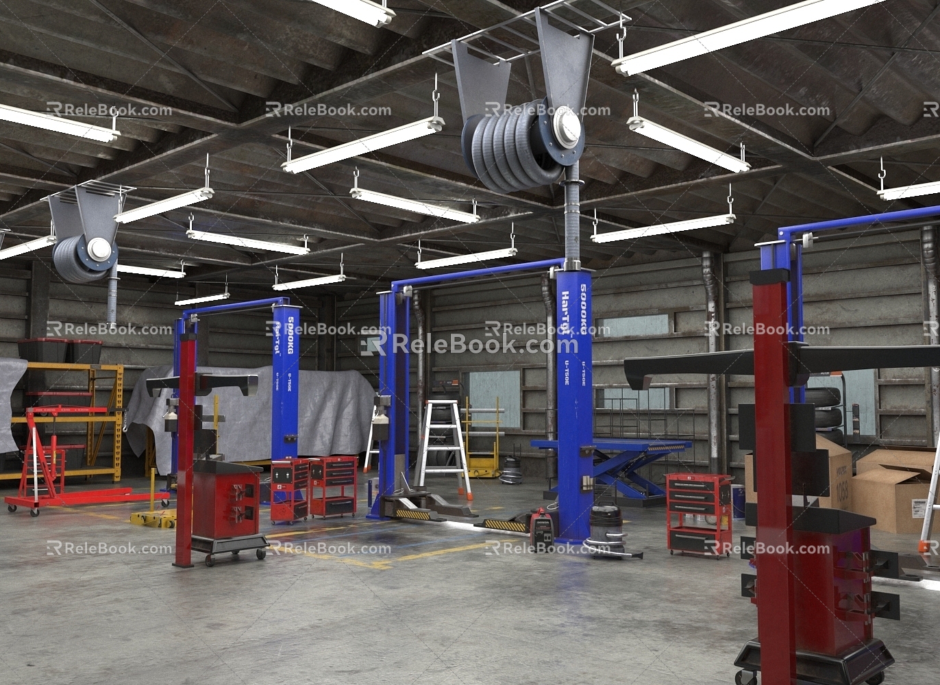 Modified car garage car repair center car repair shelf ladder lifting platform paint hardware tools 3d model