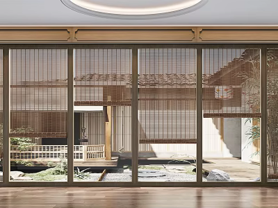 Japanese Style Bamboo Blinds For Large Windows With Courtyard View And Natural Light 3d model