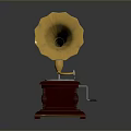 Vintage Gramophone Design With Golden Horn Turntable And Wooden Base