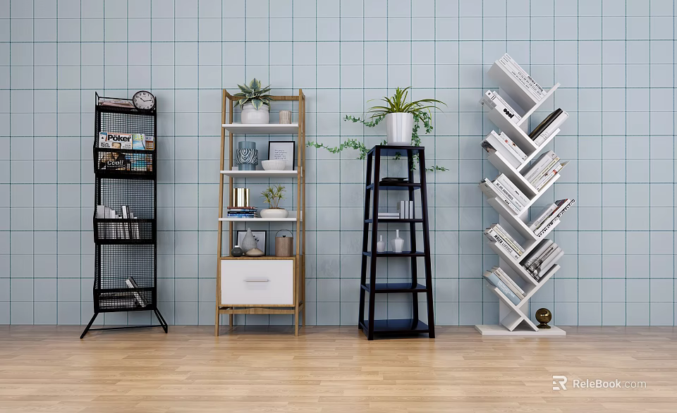 Various Design Bookshelves with Potted Plants Decor Against Light Blue Tiled Wall and Wooden Floor 3d model 