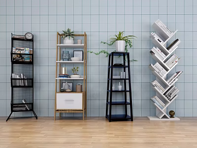 Various Design Bookshelves with Potted Plants Decor Against Light Blue Tiled Wall and Wooden Floor 3d model