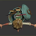 Adventurous Character With Green Overalls Carrying Blue Bucket And Straw Broom With Small Creatures