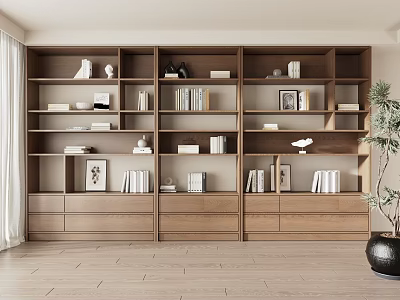 Wooden Bookcase With Multiple Shelves Drawers And Decorative Items On 3d model
