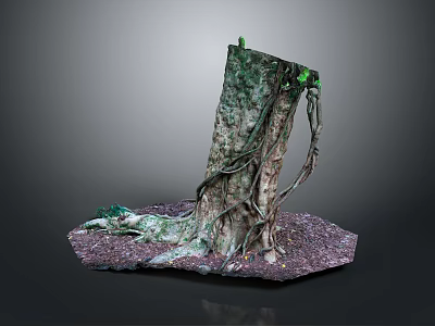 Wooden Tree Stump Decor With Stone Base Vines And Green Plants Roots 3d model