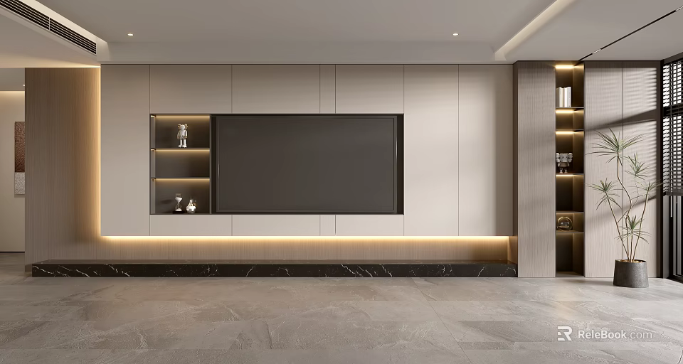 Modern TV Wall Design With Large Screen TV LED Strip Shelves And Marble Countertop 3d model 