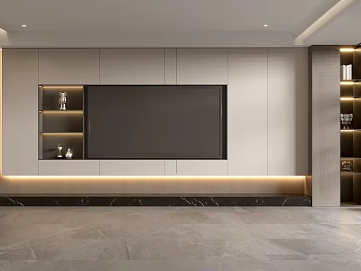 Modern TV Wall Design With Large Screen TV LED Strip Shelves And Marble Countertop 3d model