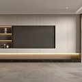 Modern TV Wall Design With Large Screen TV LED Strip Shelves And Marble Countertop