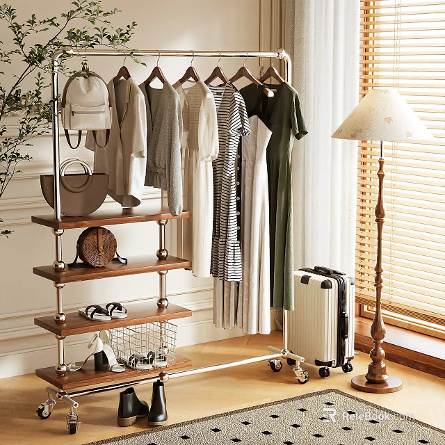 Mobile Clothes Rack With Multi Tier Shelves Hanging Clothes Bags Shoes And Storage Basket 3d model 
