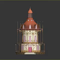 Fairy Tale Tower Building With Red Pointed Roof Multi Floor Balconies Pink Door White Steps
