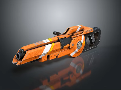 Futuristic Orange Sci Fi Weapon with White Stripes and Black Mechanical Components 3d model