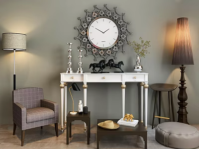 Elegant Console Table with Ornate Wall Clock Horse Figurines and Decorative Accents in Living Space 3d model
