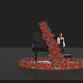 Floral Installation Surrounding Black Piano With Red And Pink Flowers And Woman Standing By