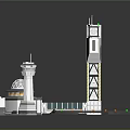 Cartoon Sci Fi Scene With Futuristic Tower Platform Circular Dome Runway And Geometric Design