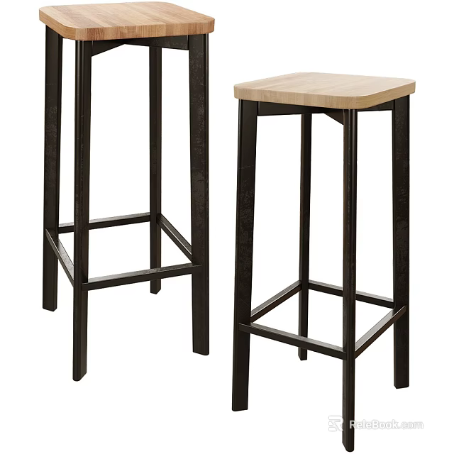 Stylish Modern Bar Stools With Wooden Seat And Black Metal Frame Design 3d model 