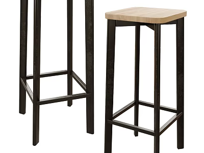 Stylish Modern Bar Stools With Wooden Seat And Black Metal Frame Design 3d model
