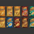 CRUNCHY Potato Chips with Various Flavors in Colorful Packaging Neatly Arranged