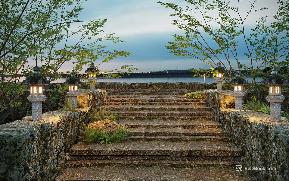 Stone Steps Landscape with Stone Walls Illuminated Lanterns and Greenery by Water at Twilight 3d model 