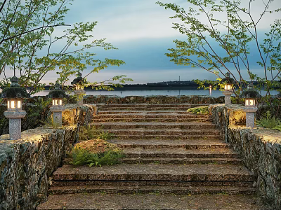 Stone Steps Landscape with Stone Walls Illuminated Lanterns and Greenery by Water at Twilight 3d model