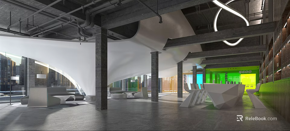 Industrial Modern Hotel Lobby Featuring White Curved Structure Gray Columns And Green Accent Wall 3d model 